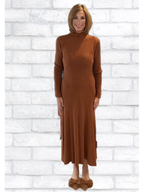 ANNA QUAN Audrey Mock Neck Ribbed Knit Dress Brown Size 8 NWT